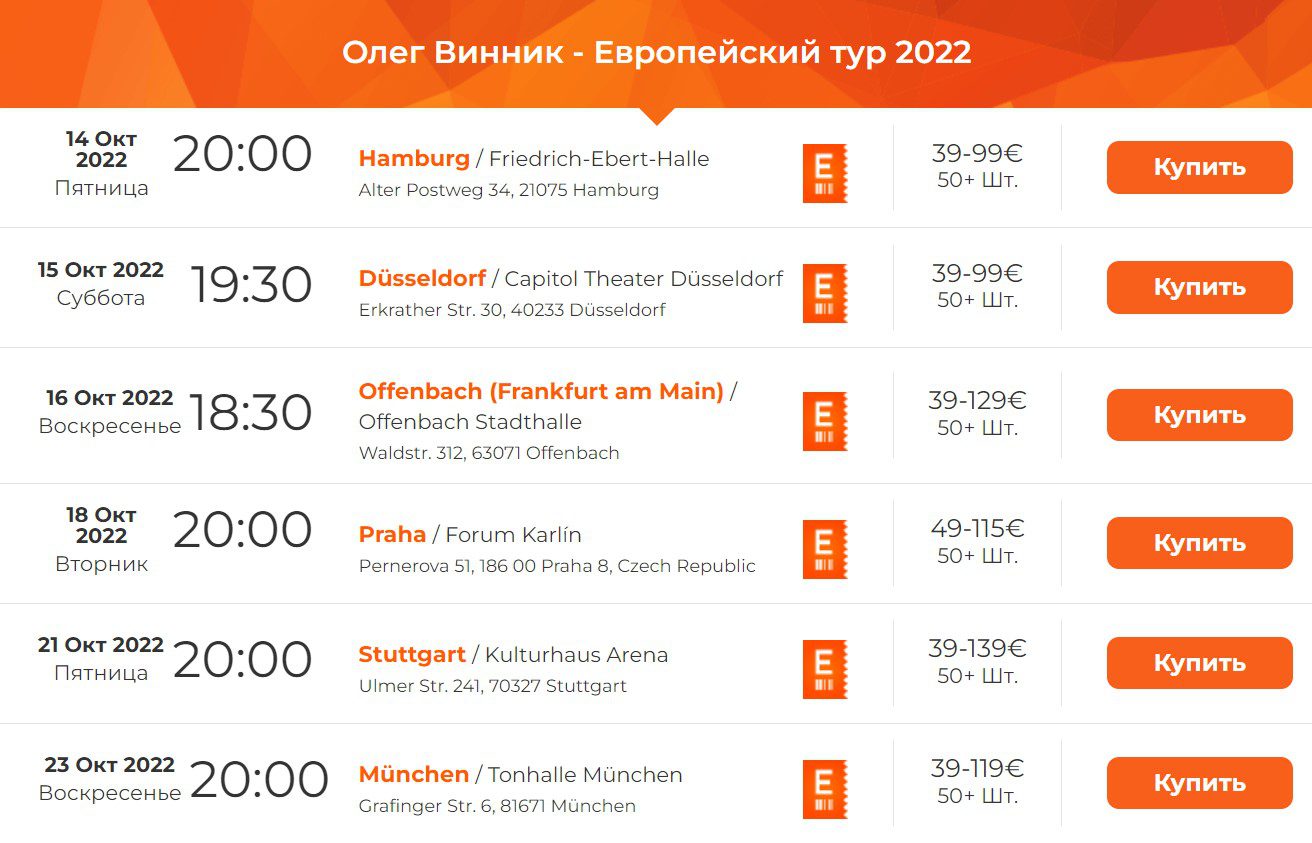 Афіша європейського туру Олега Винника 2022