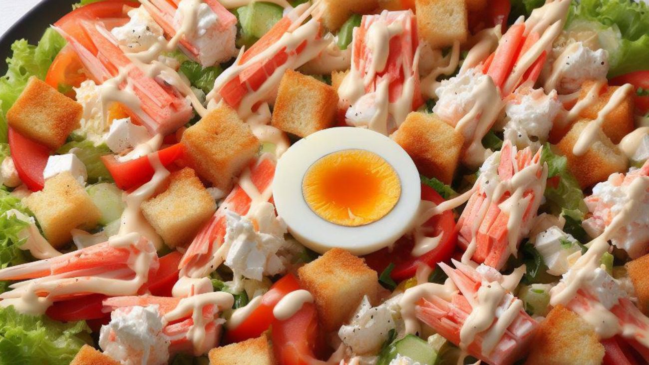 Рецепт салату Королівський: крабові палички, сухарики та ніжний соус