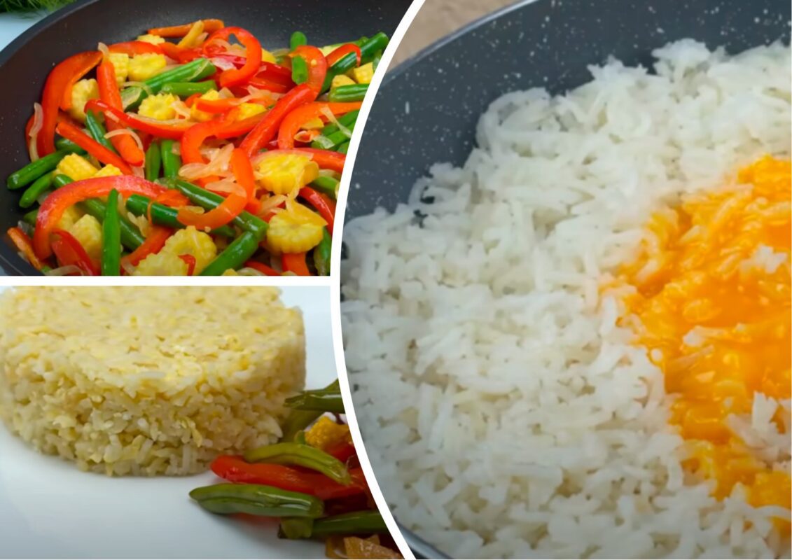 Рис, підсмажений на пательні з яйцями та овочами