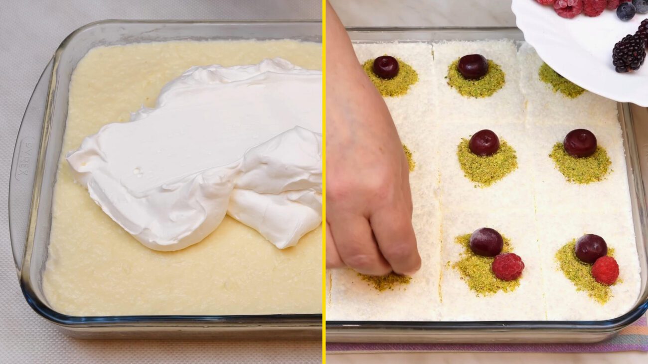 Смачний десерт з маковим бісквітом, заварним кремом та кокосовою стружкою