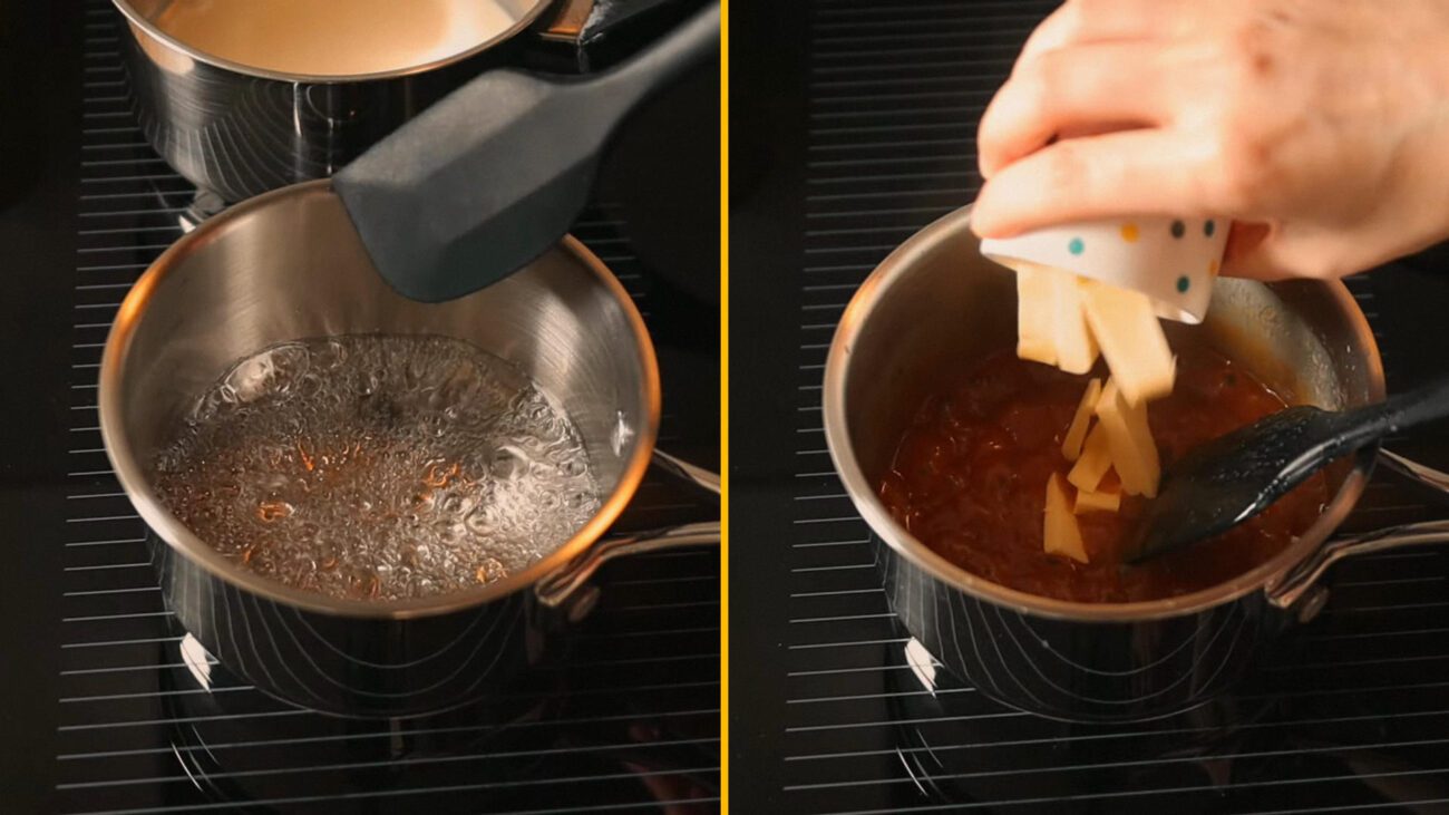 Гаряча карамель виходить рідкою, але після охолодження густішає