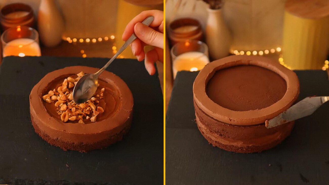 Під час збирання підрівнюйте крем та ганаш кулінарним шпателем, щоб торт був гарним