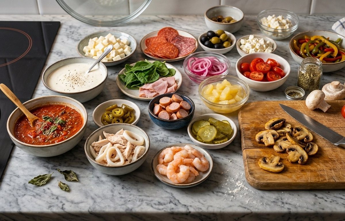 Для піци підійде абсолютно будь-яка начинка, але важливо не накладати її надто багато