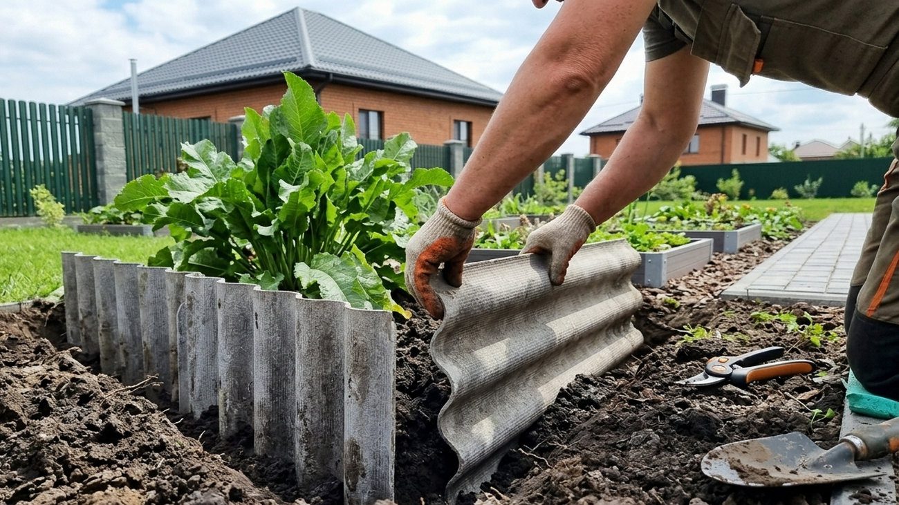 Якщо саджаєте хрін чи топінамбур, то обов'язково обмежуйте грядку шифером, закопуючи його мінімум на 40 см