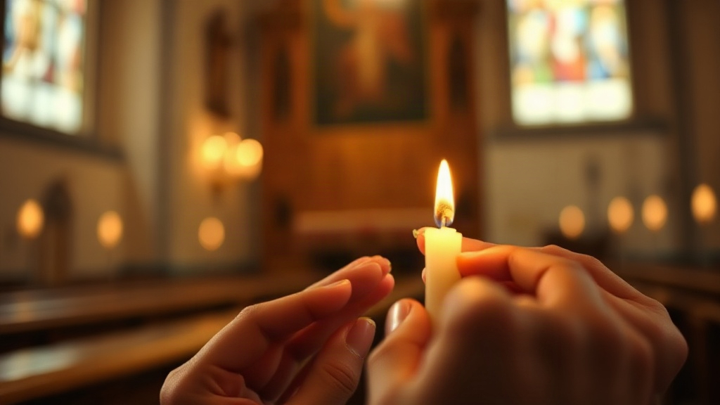 Жінка ставить свічку в храмі за благополуччя родини