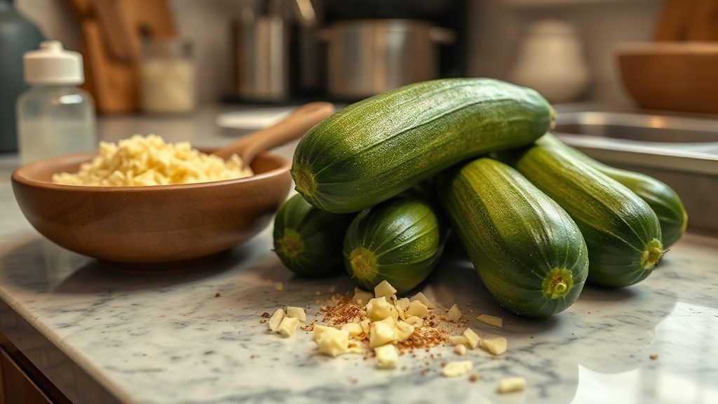 Свіжі кабачки та інгредієнти для приготування закуски на кухні