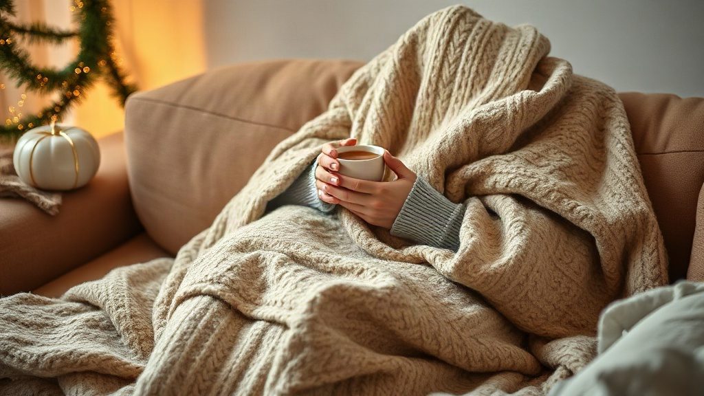Людина в затишному пледі з чашкою чаю