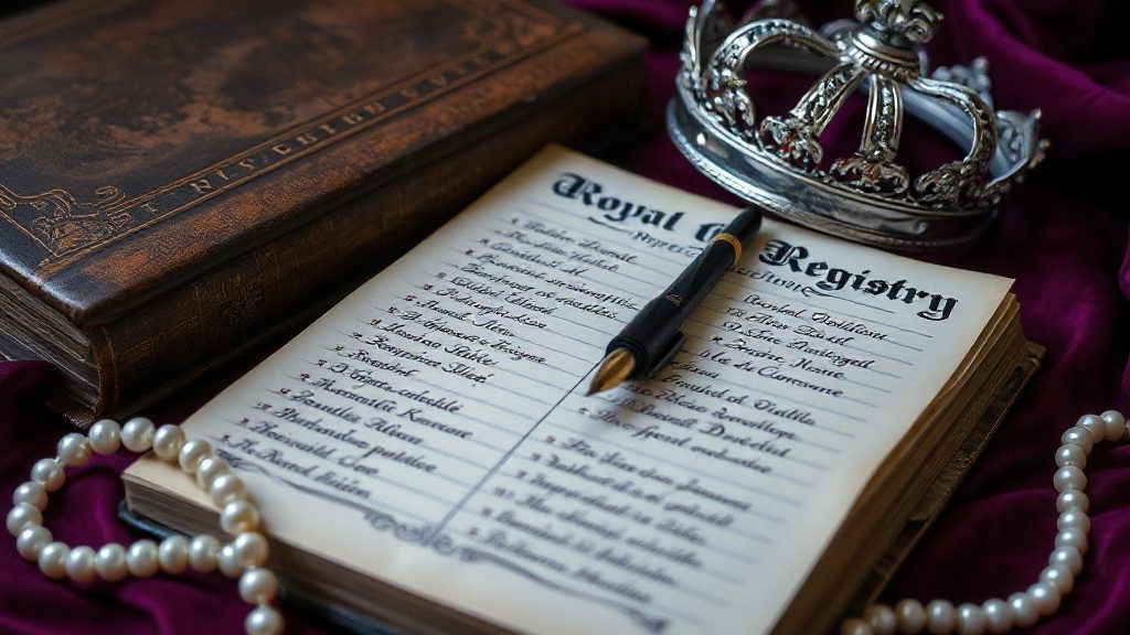Старовинна книга з іменами королівських сімей та короною