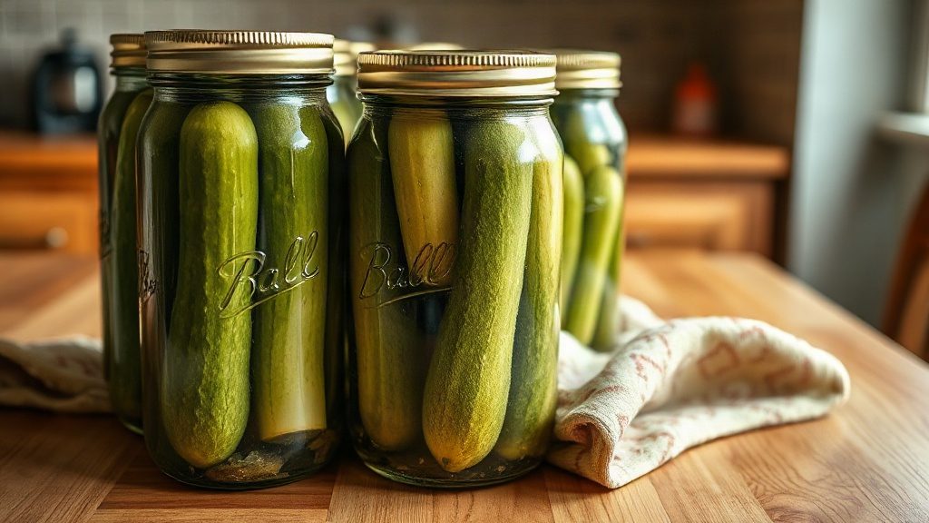 Готові закочені банки з маринованими огірками під ковдрою