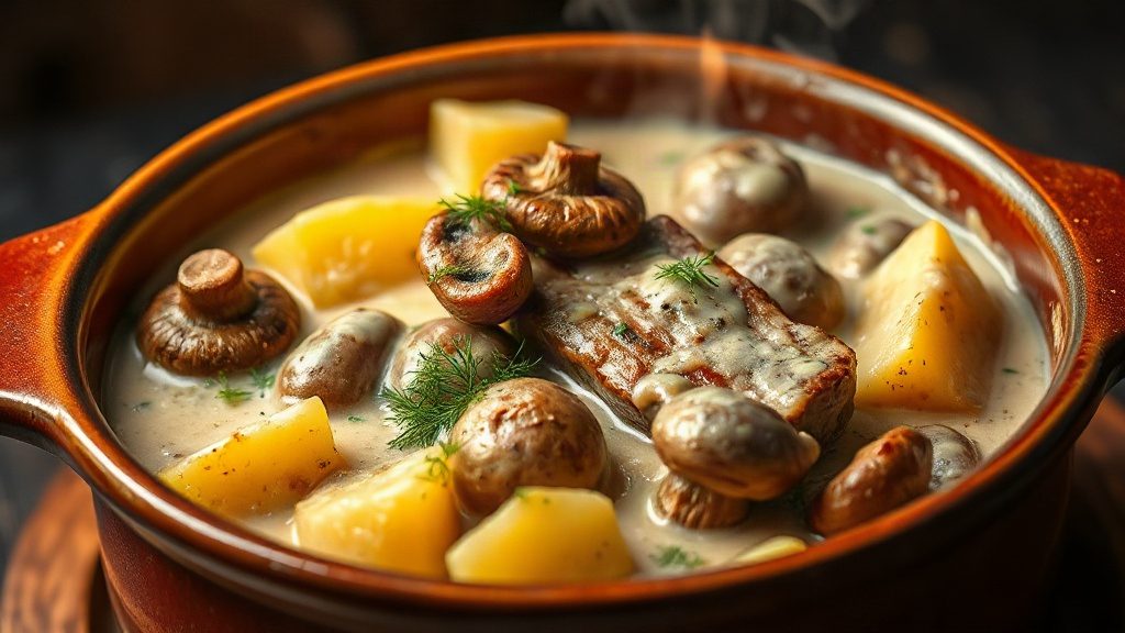 Готова печеня з м'ясом і грибами в глиняному горщику