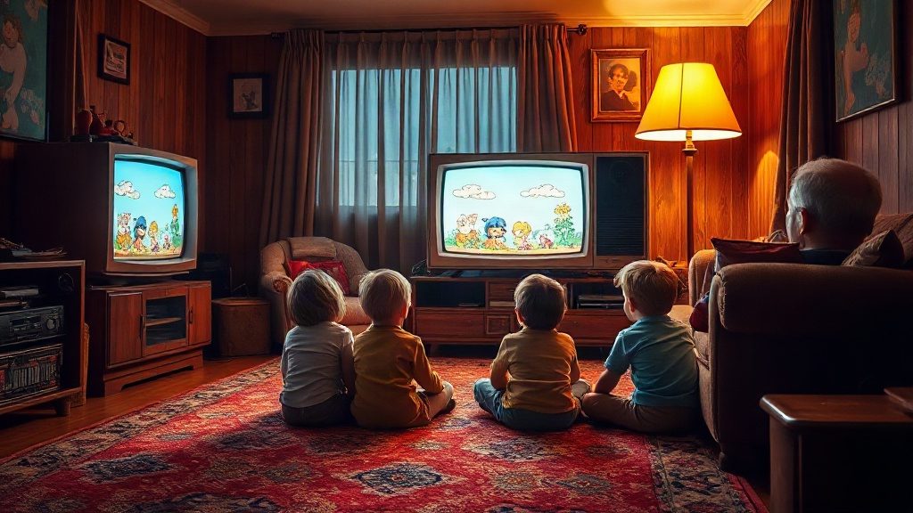 Малеча дивиться улюблені мультфільми по ретро-телевізору в очікуванні свята