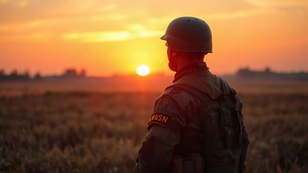 Український воїн на фоні заходу сонця, молитва за захисників