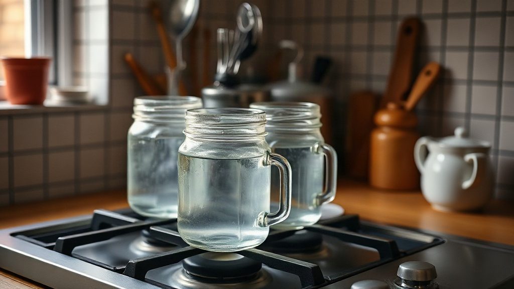 Процес стерилізації скляних банок парою на плиті