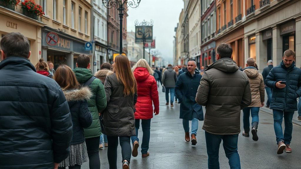 Люди на холодній європейській вулиці в теплому верхньому одязі