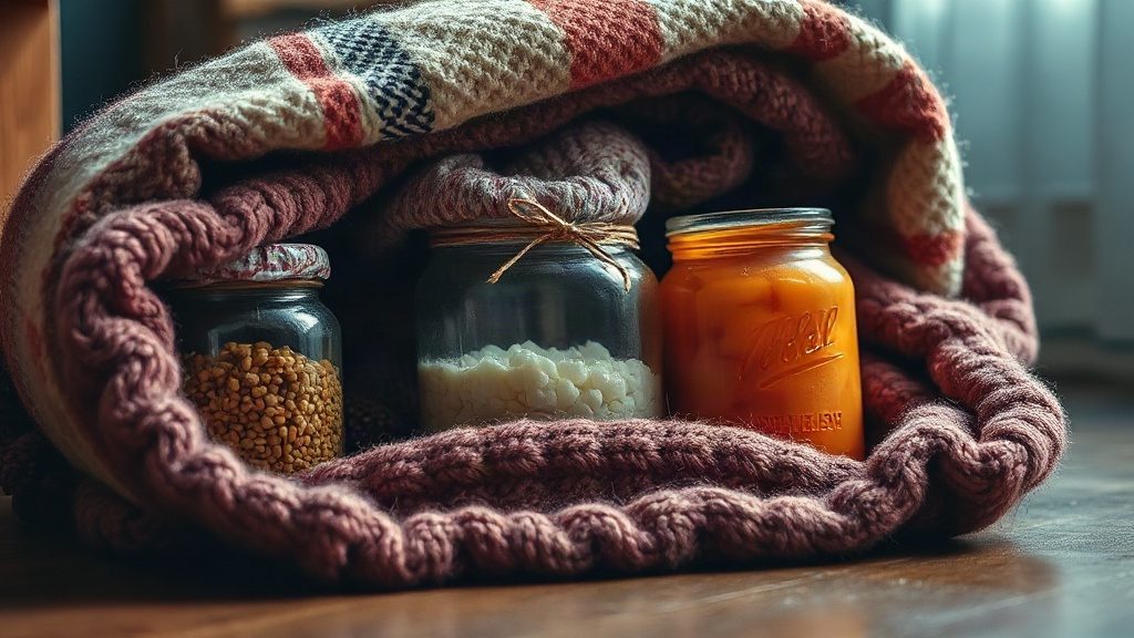 Перевернуті банки із заготовками під теплою ковдрою для пастеризації