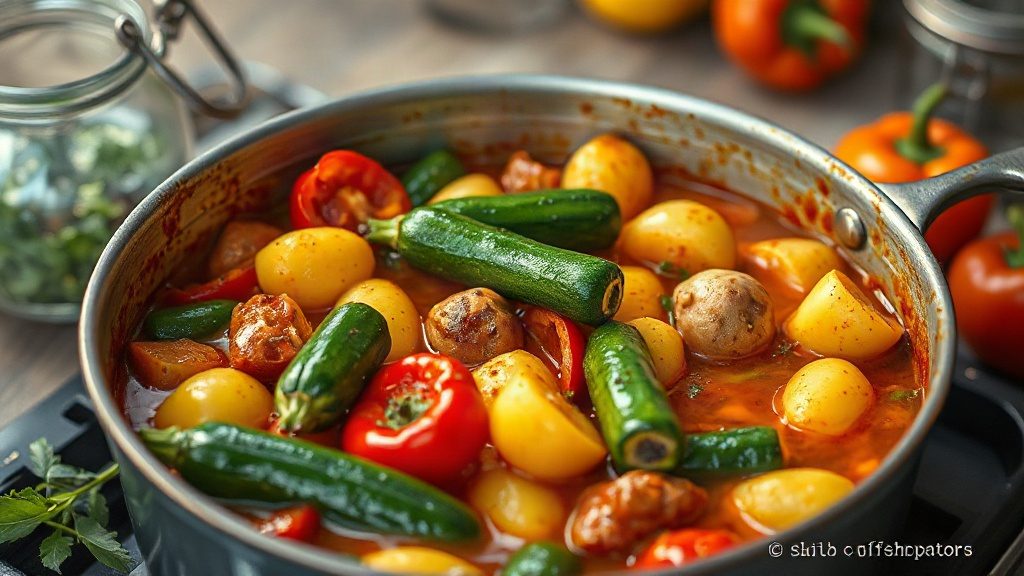 Процес тушкування овочевого салату з кабачками та картоплею у томатному соусі