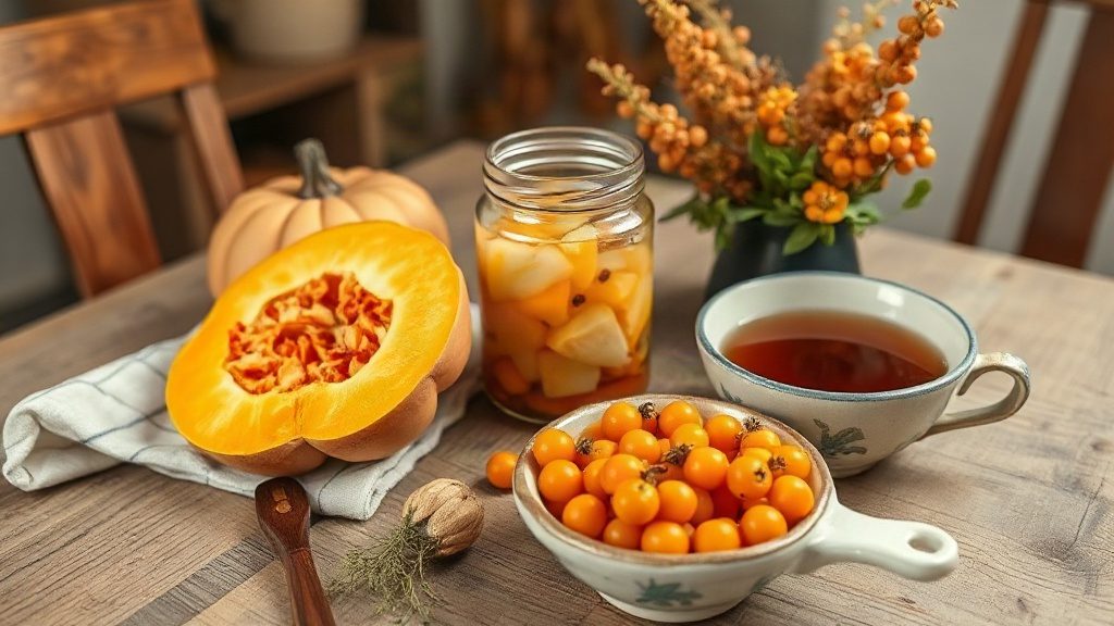 Осінні продукти для зміцнення імунітету гарбуз квашена капуста обліпиха на столі