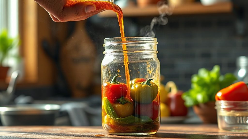 Процес заливання перців гарячим маринадом